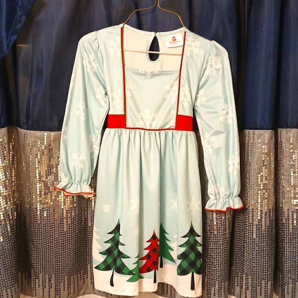 🩷RUFFLE GIRL Holiday Dress Light Blue Background W/Snowflakes. VARIOUS SIZES